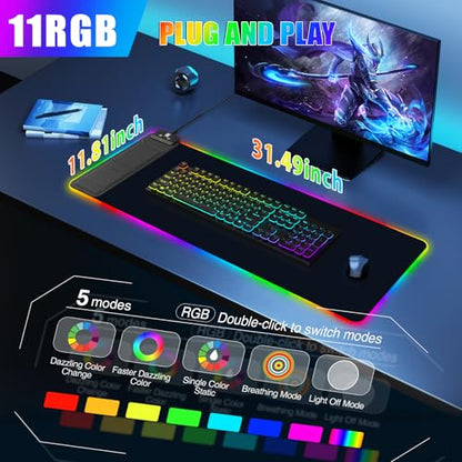 RGB Mouse Pad with Foldable Phone Stand & Wireless Charger, 31.5"x11.8" XL Gaming Mousepad Large Desk Mat, Desk Pad with Dual Charging for Phone & AirPods | 11 Colors & 5 Modes | Waterproof - color: Black Touch Control Stand XL