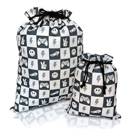 Gather & Knot Drawstring Gift Bags | 20" Large 12" Small | Premium Canvas | Reusable Fabric Wrap for Boy Birthday | Happy Smiley Face | Skateboard - color: Skateboard