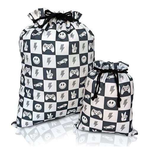 Gather & Knot Drawstring Gift Bags | 20" Large 12" Small | Premium Canvas | Reusable Fabric Wrap for Boy Birthday | Happy Smiley Face | Skateboard - color: Skateboard