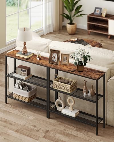 VASAGLE BARNET Collection - Console Table, Thin Narrow Entryway Doorway Table, One Piece Top, for Hallway Bedroom, Steel Frame, Modern, 3 Tier, 2 Mesh Shelves, Rustic Brown and Ink Black ULNT037KD01S - color: Rustic Brown + Ink Black, size: 3 Tiers (9.4"D