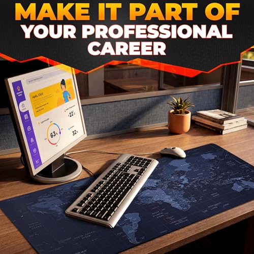 Wide Desk Coverage Full World Map Mouse Pad XL - 35x15.7 World Map Desk Mat Large with Geographical Print Layout - Soft and Water-Resistant Surface, Non-Slip Bottom, Suitable for Games and Work