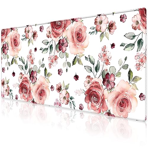 Extended Desk Mat (31.5x11.8 inch 3mm Thick), iDonzon Soft Cute Extra Large XXL Waterproof Gaming Mouse Pad with Non-Slip Rubber Base & Stitched Edges, for Working/Game, Peony Flowers - color: Pink