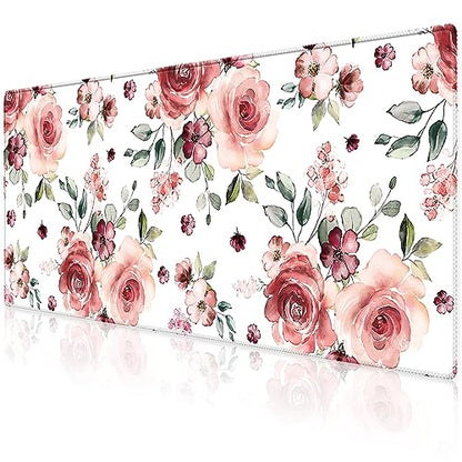 Extended Desk Mat (31.5x11.8 inch 3mm Thick), iDonzon Soft Cute Extra Large XXL Waterproof Gaming Mouse Pad with Non-Slip Rubber Base & Stitched Edges, for Working/Game, Peony Flowers - color: Pink