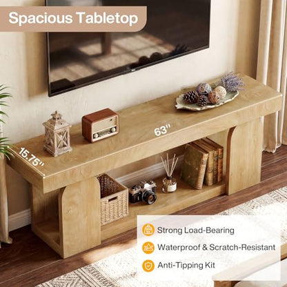 Tribesigns 63" TV Stand for 55/60/65/75-Inch TVs, Farmhouse Entertainment Center with Storage Shelves, Wooden TV Media Console for Living Room, Bedroom, Natural Wood