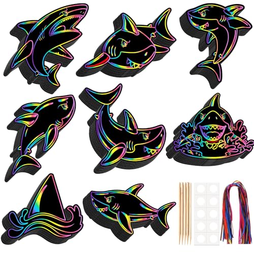LUUFILx 80 Pcs Shark Scratch Cards Birthday Party Decorations Colorful Rainbow Scratch Paper Art with Wooden Stylus for Birthday Party Classroom DIY Activities (Shark) - style: Shark