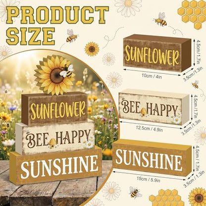 4 Pcs Summer Sunflower Kitchen Table Decor Bee Happy Summer Tiered Tray Decor Farmhouse Home Decorations Yellow Floral Wooden Signs Shelf Sitter Home Kitchen Office Decorations - style: Sunflower