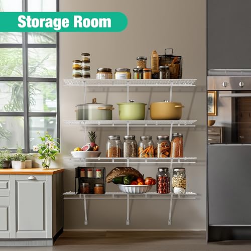 HAUSHOF Closet Shelves Wall Mounted 2-Pack, 4ft x 16in White Metal Wire Shelving for Laundry Room, Closet, Basement Organization and Storage - size: 4ft x 16in