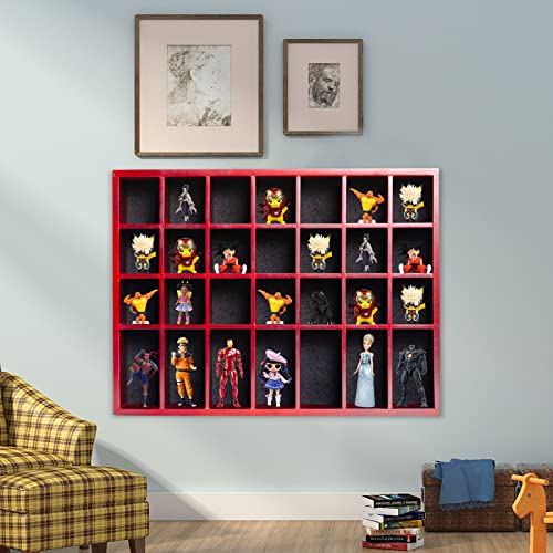 Shot Glass Display Case 18" x13" Solid Wood Wall Mounted Collection Cabinet 28 Slots Small Curio Cabinet Rack (No Door) Mahogany - color: Mahogany