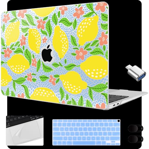 MEEgoodo for MacBook Air 13.3 inch Case 2021 2020 2019 2018 A2337 M1 A2179 A1932, Laptop Shell for MacBook Air M1 with Keyboard Webcam Cover & Trackpad Film & Type C Adapter,Lemon Fruit Pattern - color: Lemon Fruit Pattern