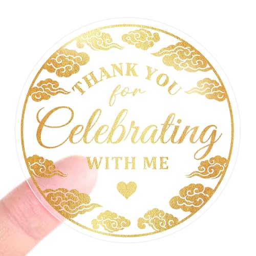 100PCS Thank You for Celebrating with Me Stickers,Gold Party Favor Labels with Elegant Cloud Design Seals for Gift Bags, Dessert Table, Birthday, Baby Shower, Graduation Favors 1.6" (Gold)