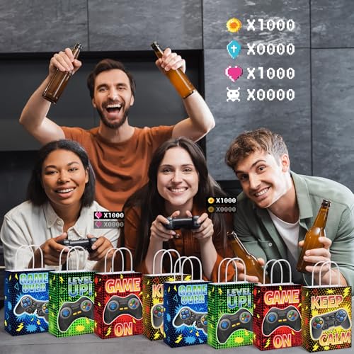 MotiMind 24 Pcs Video Game Party Bags with Handle Gaming Paper Candy Treat Goodie Bags for Multiple Occasions - style: Video Game