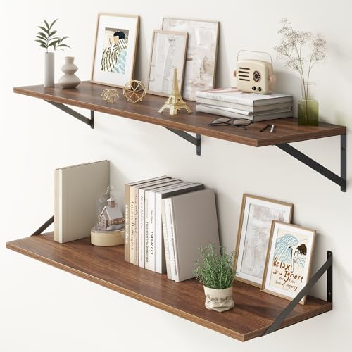 12 Inch Deep Floating Shelves,48W x 12D Floating Shelves, Deep Wall Shelves Bracket Set of 2, Large Display Floating Shelf for Bathroom, Living Room, Wide Storage Wooden Wall Shelf, Walnut - color: Walnut, size: 48"W x 12"D