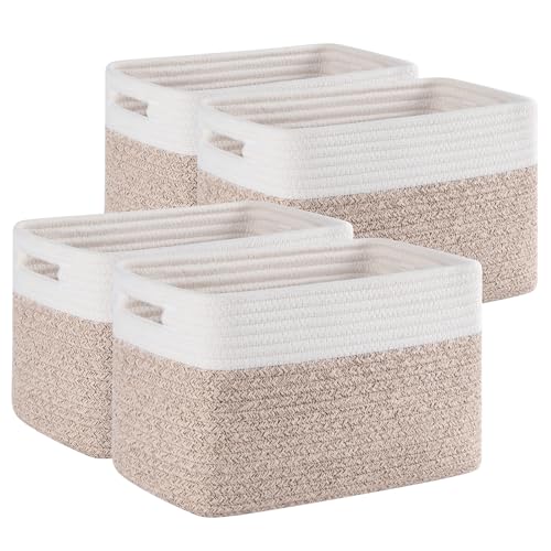 4 Pack Storage Baskets for Organizing, Woven Baskets for Shelves - Perfect for Toys, Books, Towels, and Clothes, Durable Gift Basket Bins Toy Storage, 12.7''Lx9''Wx7.8''H, Brown & White - color: Brown & White, size: Small/12.7''Lx9''Wx7.8''H