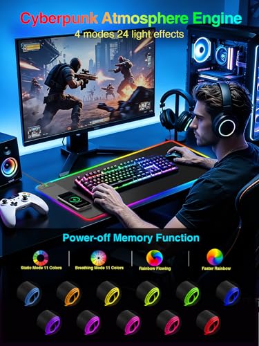 Wireless Charging Mouse Pad Gaming, 31.5"x15.8" Large Desk Mat, Waterproof | RGB Mousepad, Smooth Glide, Stitched Edge, Non-Slip Rubber Base, Desk Pad Computer Keyboard Mat, No Adapter