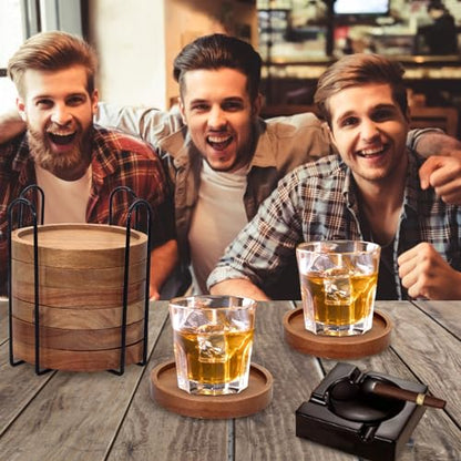 Rustic Wooden Coasters Set of 8 Farmhouse Coffee Table Decor Acacia Wood Drink Coaster with Holder Modern Outdoor Bar Cool Cup Costers Kitchen Accessories Decoration Home Dining Coasters Gift - style: 8 Pcs