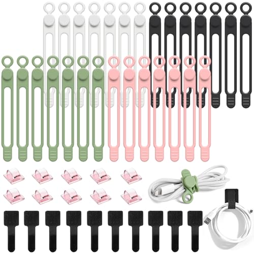 OneLeaf 48Pcs Silicone Cable Ties, Elastic Cord Ties for Cable Organizer, Reusable Wire Management, Cord Organizer Essentials, Multipurpose Cable Management for Travel/Portable/Office/Home Desk - color: Multicolor-48pcs