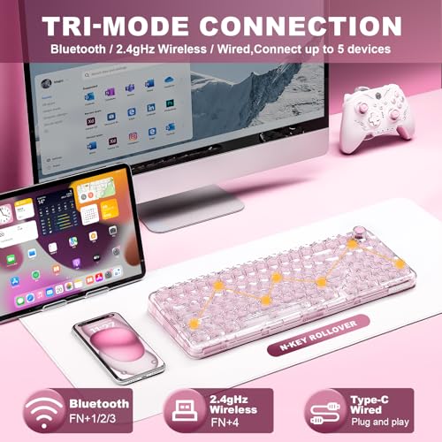 YUNZII X98 QMK/VIA Wireless Mechanical Gaming Keyboard with Knob,Tri-Mode BT5.0/USB-C/2.4GHz Hot Swappable Keyboard,Pre-lubed Switches Gasket Mount RGB Backlit for Wins/Mac (Pink, Crystal Switch) - color: Pink, size: Crystal Switch