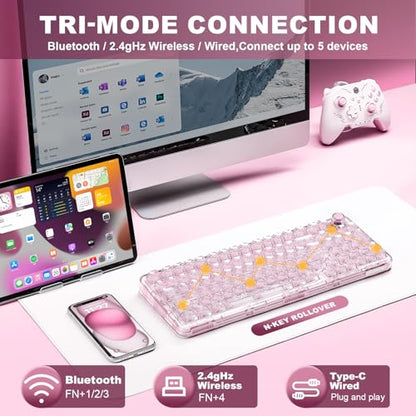 YUNZII X98 QMK/VIA Wireless Mechanical Gaming Keyboard with Knob,Tri-Mode BT5.0/USB-C/2.4GHz Hot Swappable Keyboard,Pre-lubed Switches Gasket Mount RGB Backlit for Wins/Mac (Pink, Snow Switch) - color: Pink, size: Snow Switch