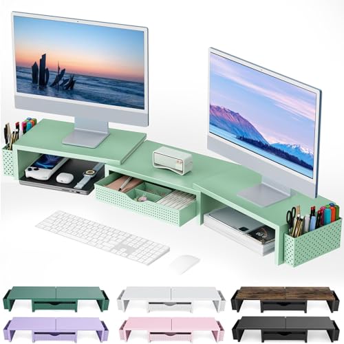gianotter Dual Monitor Stand Riser, Desk Organizer With Drawer and 2 Pen Holders, Computer Monitor Stand, Desk Shelf for Top of Desk (Sage Green) - color: Sage Green