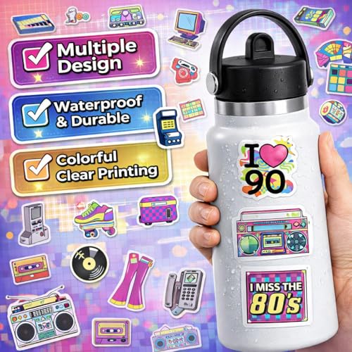 DETICKERS 80s 90s Stickers for Water Bottles 90s Party Decorations 70 PCS Waterproof Vinyl Gifts for Adult Stickers - style: Retro 80s 90s