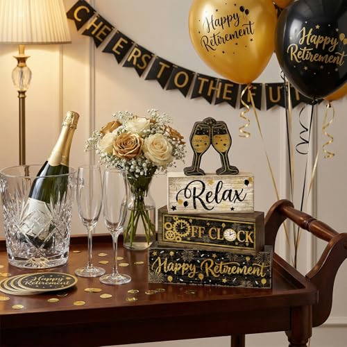 4 Pcs Retirement Party Decorations Gifts Happy Retirement Office Desk Table Decor Wooden Signs Funny Coworker Farewell Gift Shelf Sitter Home Tabletop Set - style: Retirement