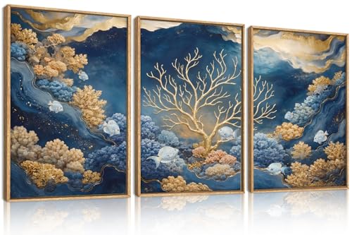 HPNIUB Blue Dreamy Underwater Framed Canvas Wall Art Set 16"x24"x3 | Modern Gold Coral Seascape Wall Decor Abstract Navy Ocean Marine Fish Artwork Living Room Bedroom Farmhouse - color: Blue Underwater Wall Art, size: 16"L x 24"W