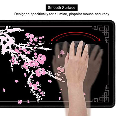 Japanese Pink Cherry Blossom Desk Pad, Black Long Mouse Pad Deskmat, Cute Desk Mat for Desktop, Women Computer Laptop Protector Writing Pads for School Office, 31.5 X 11.8 in- Sakura Flowers - color: Cherry Blossom Art