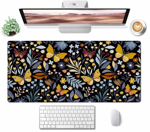 Mouse Pad Gaming, Large Mouse Pads for Desk, Keyboard Mouse Mat Desk Pad, Non-Slip Rubber Base with Stitched Edges Mousepad, 31.5x15.7in Butterflies and Flowers - color: Butterflies and Flowers, size: 31.5L x 15.7W inches