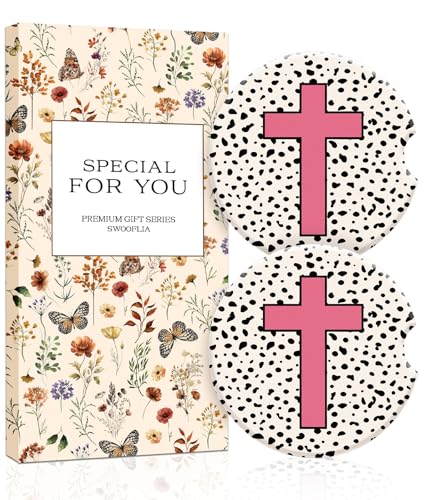 Swooflia Car Coasters for Women - Polka Dot Pink Cross Car Cup Coasters Absorbent Cup Holder Coasters for Car 2 Pcs Ceramic Car Cupholder Coaster with Cork Base Car Interior Accessories - color: Pink Jesus