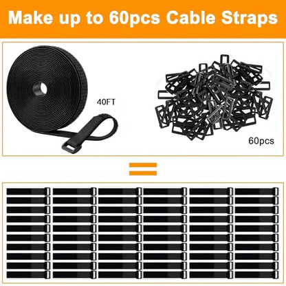 40Ft x 1" Adjustable Cable Straps with 60 Buckles, Hook and Loop Straps, Reusable Nylon Cable Ties for Cord Organiser, Organizer, Cable Tidy, Free Cut Length, Black - size: 40Ft x 1inch
