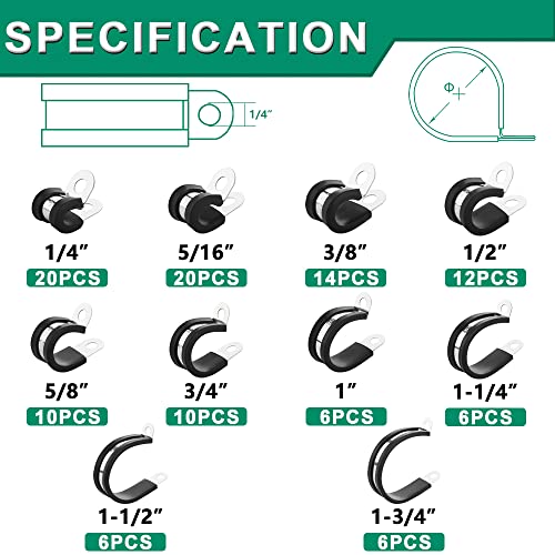 OURU 110PCS Cable Clamps Assortment Kit,10 Sizes—1/4" 5/16" 3/8" 1/2" 5/8" 3/4" 1" 1-1/4" 1-1/2" 1-3/4" Stainless Steel Rubber Coated Cushioned Insulated Cable Clamp,Automotive Wire Pipe Clamps - size: 110PCS KIT
