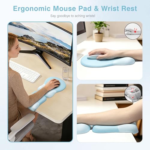 Ospelelf Mouse Pad with Wrist Rest Set Foam L-Shaped Desk Elbow Pad Ergonomic Desk Edge Cushion Anti-Slip Rubber Bottom Office Women Desk Accessories for Computer, Laptop and Gaming, Blue - color: Blue