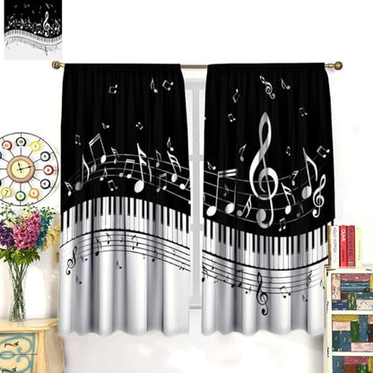 Music Notes Curtain, Black White Musical Notes Piano Key Musical Instruments Modern Romantic Art Window Drapes for Bedroom Living Room 42" W X 45" L(No Blackout) - color: Musical-7, size: 20.5"W x 45"L (Pack of 2)