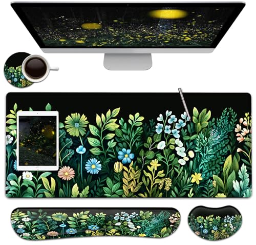 Large Mouse Pad + Keyboard Wrist Rest Set, Extended Gaming Mousepad (31.5X11.8 inch) with Non-Slip Rubber, Ergonomics Memory Foam Mouse Wrist Rest Support, Green Garden Pattern XXL Desk Pad - color: Yu-Mouse Pad-3-B39