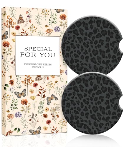 Swooflia Car Coasters for Women - Classic Black Leopard Car Cup Coasters Absorbent Cup Holder Coasters for Car 2 Pcs Ceramic Car Cupholder Coaster with Cork Base Car Interior Accessories - color: Black and Grey Leopard Print