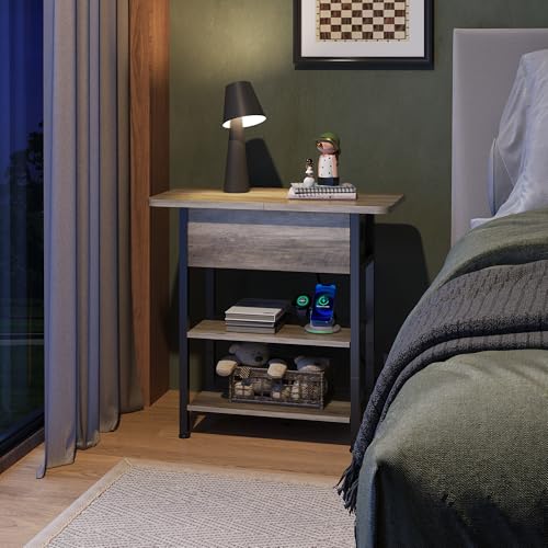 WLIVE End Table with Charging Station, Flip Top Narrow Side Table with Storage Shelf, Small Nightstand with USB Ports and Outlets,Bedside Table for Living Room, Bedroom,11.81" D x 23.62" W x 24.33" H - color: Greige
