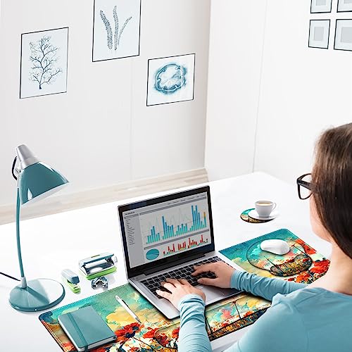 ARTSO Desk Mat, Large Gaming Mouse Pad Wrist Support Set, Ergonomic Keyboard Wrist Rest Desk Pad with Coaster Combo, Extended Mousepad with Non-Slip for Home Office, Oil Painting Flowers Plants - color: Oil Painting Flowers Plants