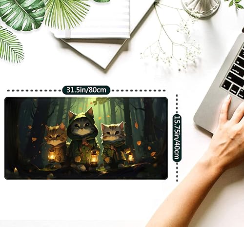 Forest Cats Desk Mat Anime Cat Desk Pad Cute, Kawaii Green Mouse Pad XXL, Large Extended Gaming Mousepad Keyboard Mouse Mat with Stitched Edges, Home Office Decor Pad for Women Girl 31.5x15.75 in - color: Dark Green Cartoon Cat
