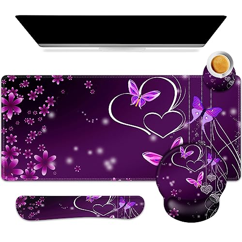 ARTSO Desk Mat, Large Gaming Mouse Pad Wrist Support Set, Ergonomic Keyboard Wrist Rest Desk Pad with Coaster Combo, Extended Mousepad with Non-Slip for Home Office, Purple Heart Butterfly - color: Purple Heart Butterfly