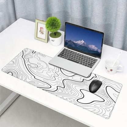White Topographic Contour Extended Big Mouse Pad Large,Gaming Mouse Pad Desk Pad,31.5x11.8x0.12 Inch Long Computer Keyboard Mouse Mat Mousepad Non-Slip Base and Stitched Edge for Gaming and Office - color: White Topographic Contour, size: 31.5Lx11.8W inch