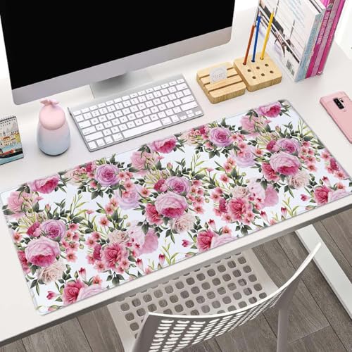 Floral Pattern with Roses Desk Mat Pink Large Extended Mouse Pad XL Desk Pad Gaming Mousepad Keyboard Mouse Mat for Computer Laptop 31.5''X11.8'' Non-Slip Rubber Base with Stitched Edges - color: Floral Pattern With Roses