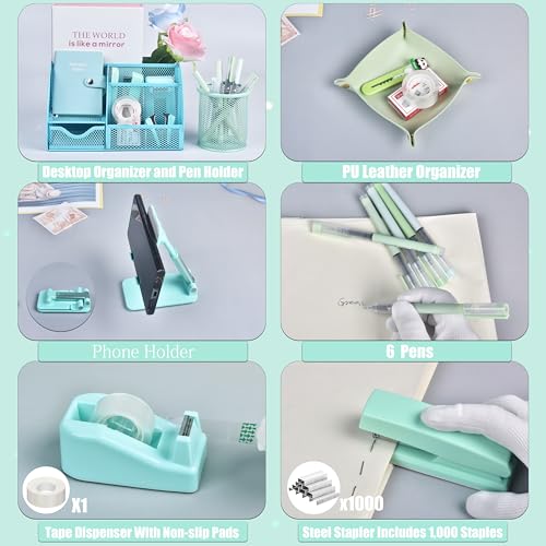 Green and Blue Desk Accessories, 26Pcs Office Supplies and Desk Organizers, with Tape Dispenser, Stapler, Staple Remover, Ect, Gift Box Packaging - color: Green+blue