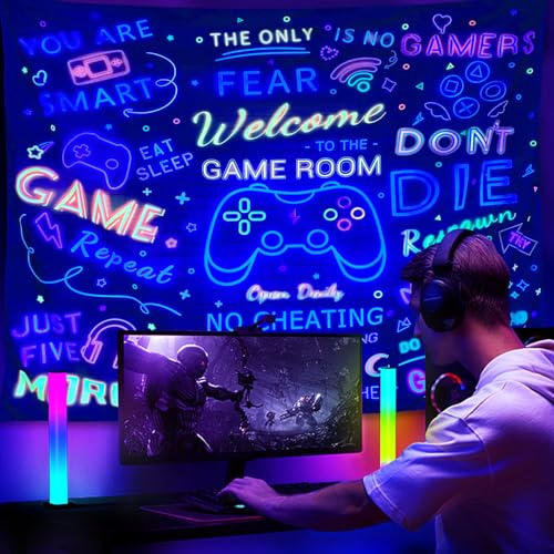 ARTCREATOR Black Light Gaming Tapestry, Welcome To The Game Room Sign For Gaming Room Wall Decor For Boys, Cool UV Reactive Tapestries Gaming Wall Decor for Bedroom (29" x 37") - color: colours, size: 37"L x 29"W