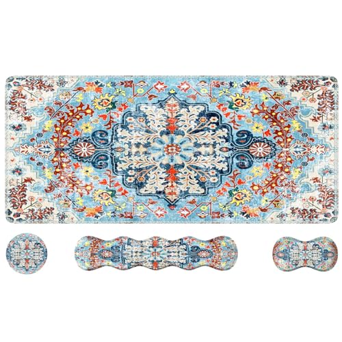 iLeadon Mouse Pad Set, Desk Mat + Mouse Pad with Wrist Rest + Keyboard Wrist Rest + Coaster, 4in1 Large Gaming Mouse Pad Set for Home Office, Retro Boho Floral Blue - color: Retro Boho Floral Blue