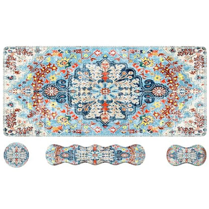 iLeadon Mouse Pad Set, Desk Mat + Mouse Pad with Wrist Rest + Keyboard Wrist Rest + Coaster, 4in1 Large Gaming Mouse Pad Set for Home Office, Retro Boho Floral Blue - color: Retro Boho Floral Blue