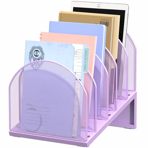 5-Section Desk File Organizer, Metal Mesh Folder Organizer for Documents, Mail & Office Papers (Purple) - color: Purple