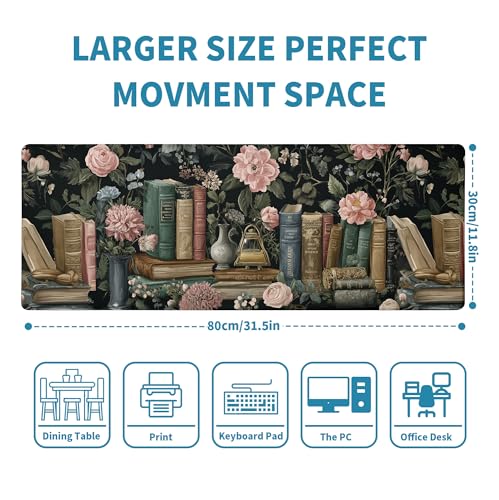 Floral Books Desk Mat Reading Desk Pad Mouse Mat XL, Colorful Mouse Keyboard Pad Flower Bookshelf Desktop Mat, Long Computer Mats Aesthetic Desk Accessory Reader's Home Decor 31.5x11.8 - color: Enchanted Bookshelf