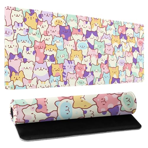 Kawaii Large Mouse Pad 31.5x11.8 Inches XL Extended Gaming Mousepad Funny Cute Cat Desk Mat, Long Computer Keyboard Mouse Mat Non-Slip Base Desk Pad Stitched Edges for Home Game Office Work - color: Cute Cats, size: 31.5x11.8 Inch
