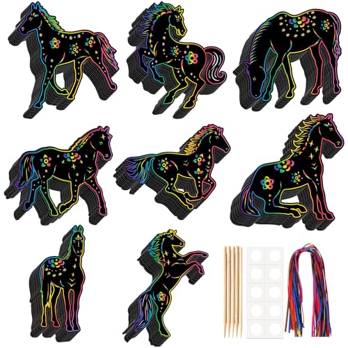 LUUFILx 80 Pcs Horse Scratch Cards Birthday Party Decorations Colorful Rainbow Scratch Paper Art with Wooden Stylus for Birthday Party Classroom DIY Activities - style: Horse