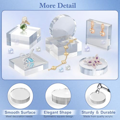SAMYUCHO Acrylic Blocks 3 X 3 X 1 Inch 4 Pcs Acrylic Base Stand for Display Clear Block Round Riser Display Stands Pedestal Polished Cube for Jewelry trophy Props Collection Ring